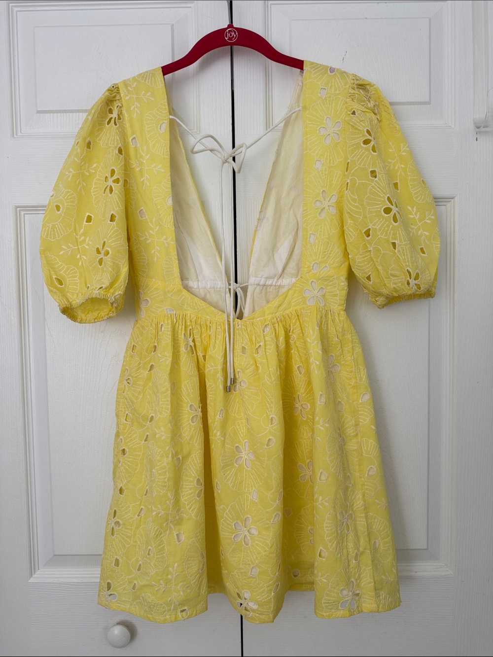 AVEC LES FILLES Yellow Eyelet Embroidered Open Back Puff Sleeve Size 2 Babydoll - Picture 7 of 16
